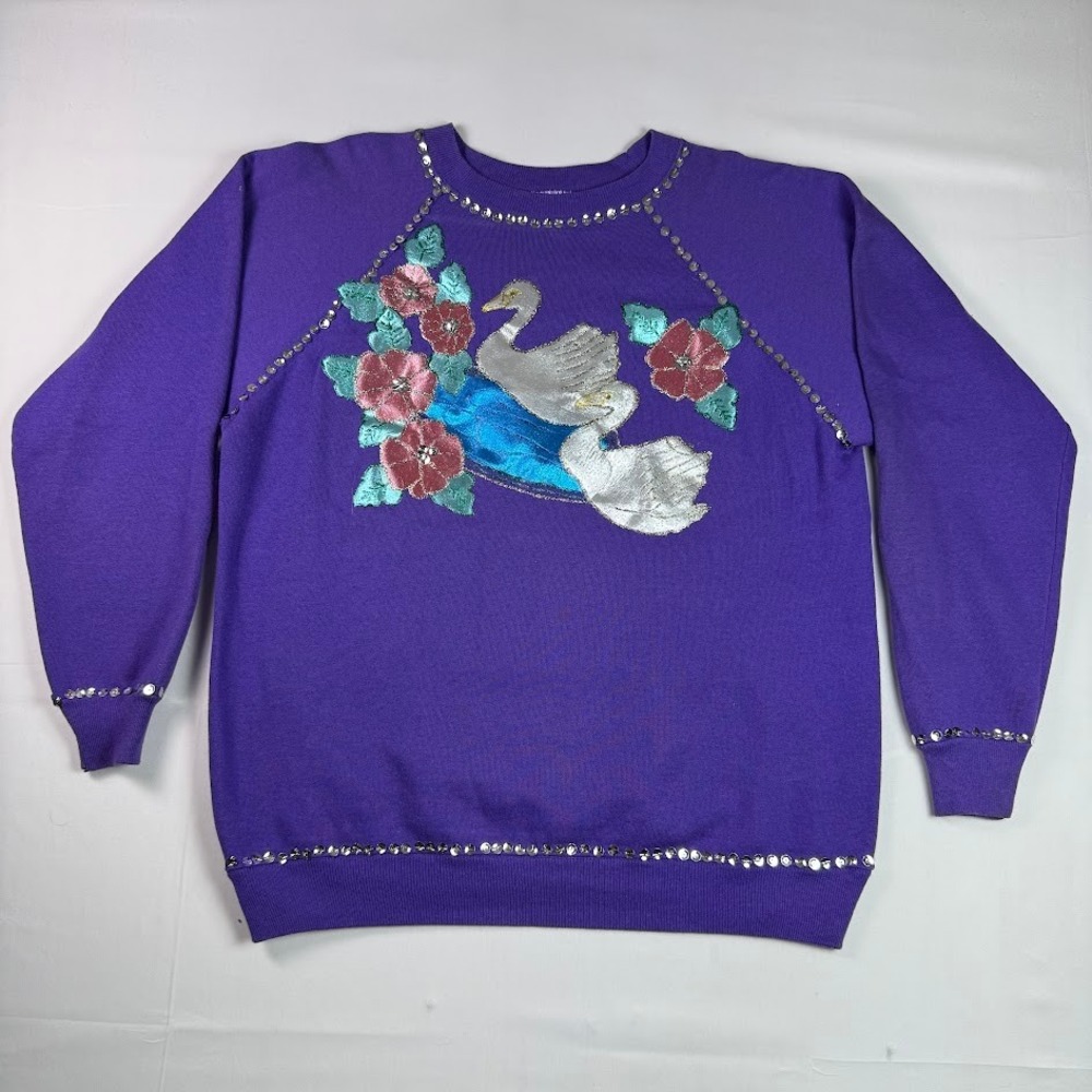 Vintage Hanes Her Way Purple Swan Sequin Shiny Dazzle Sweatshirt XL Made in USA